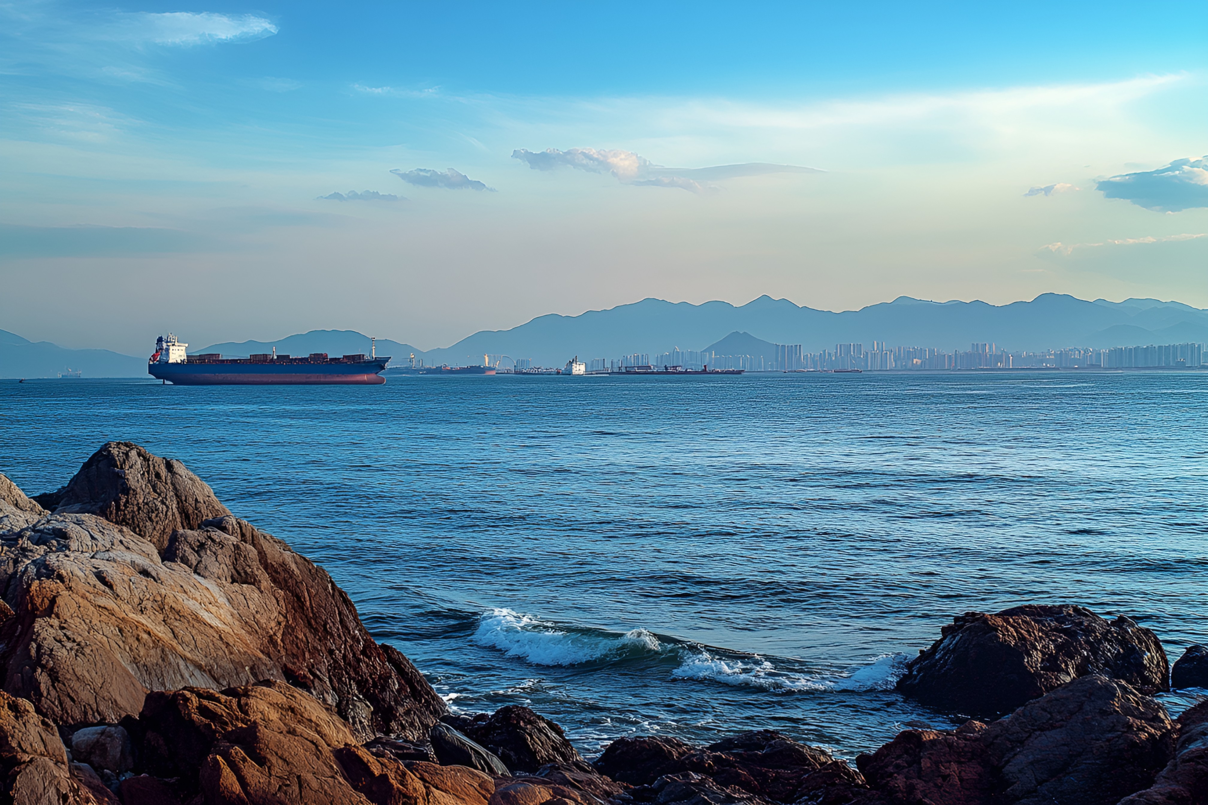 写实自然风光海景货船海洋岩石山脉城市照片（商业使用）.png